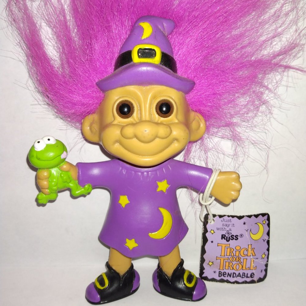 "Trick or Troll" Russ Wizard with Frog 6 inch Troll Doll with Purple Hair